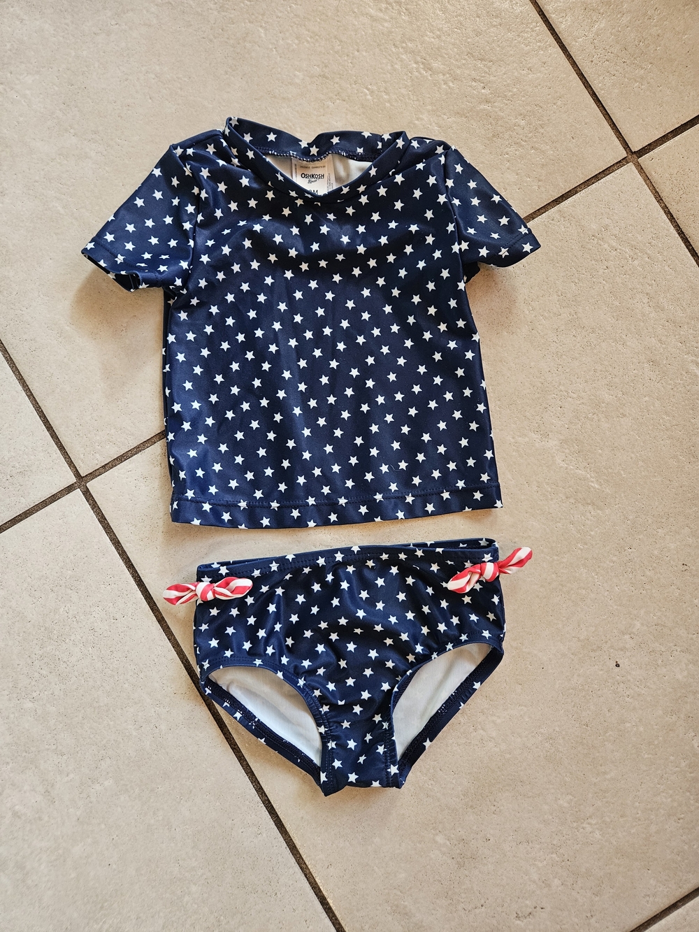 OshKosh B'gosh Navy & White Star Rash Guard Bikini Set with Red Accent Bows